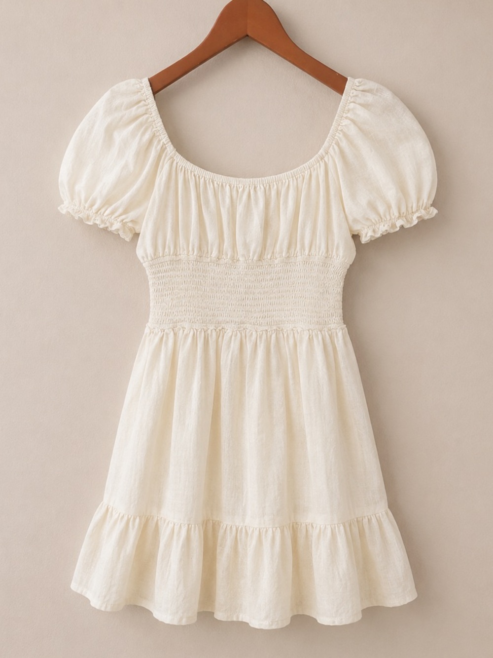 100% Cotton Smocked Puff Sleeve Mini Dress Cottagecore Coastal Cream Yellow - Picture 3 of 6